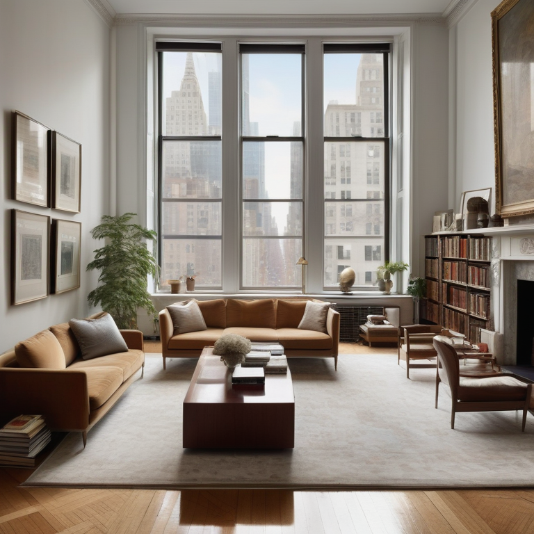 Professional cleaners tidying a sunlit, spacious Manhattan apartment living room.