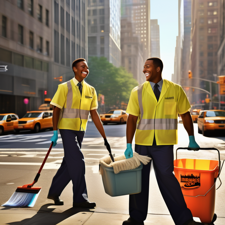 Professionals with cleaning tools ready to service a home in the lively NYC backdrop.