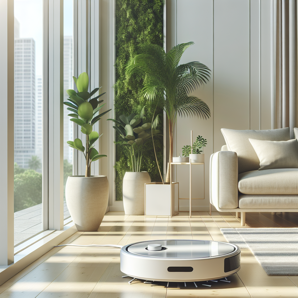 A pristine apartment lounge with a robot vacuum, sunlit windows, a beige sofa, and green plants, evoking calm and cleanliness.