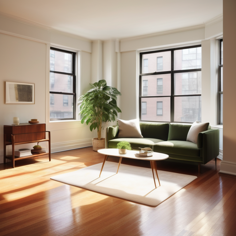 Serene NYC apartment interior with sunlight on polished hardwood floors and a focus on cleaning supplies.