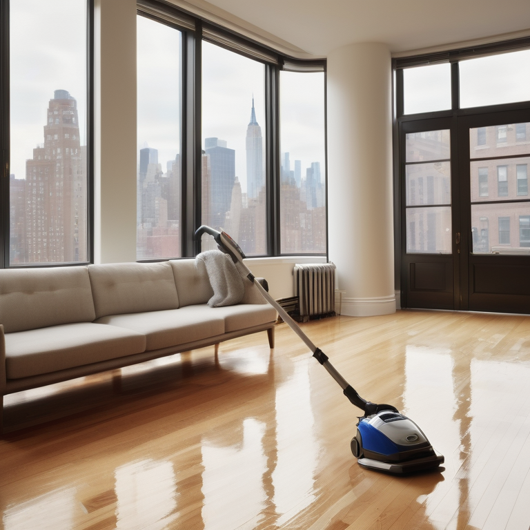 Spacious, spotless NYC apartment with cleaning supplies and abundant natural light, representing move out cleaning.