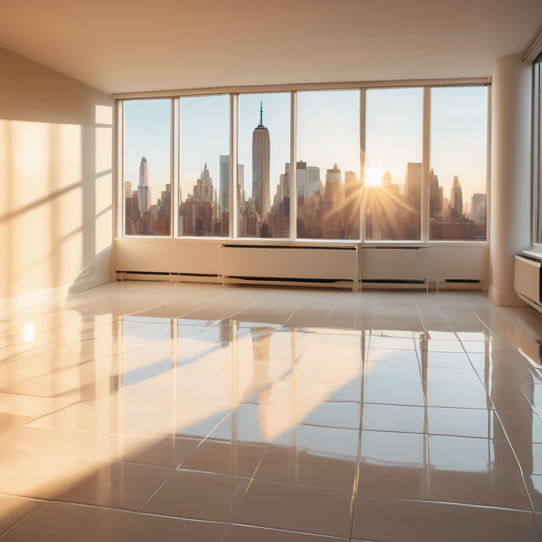 Immaculate apartment interior post-cleaning with the NYC skyline in the background at dusk.